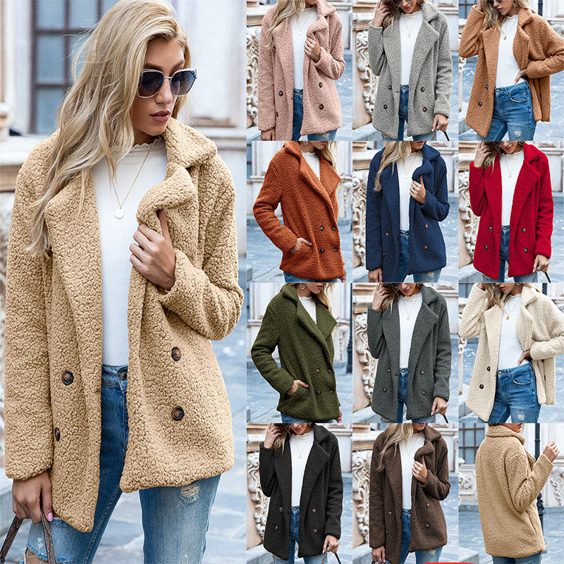 Loose Lapel Fluffy Coat Winter Button Jacket Cardigan Outwear for Women Clothing