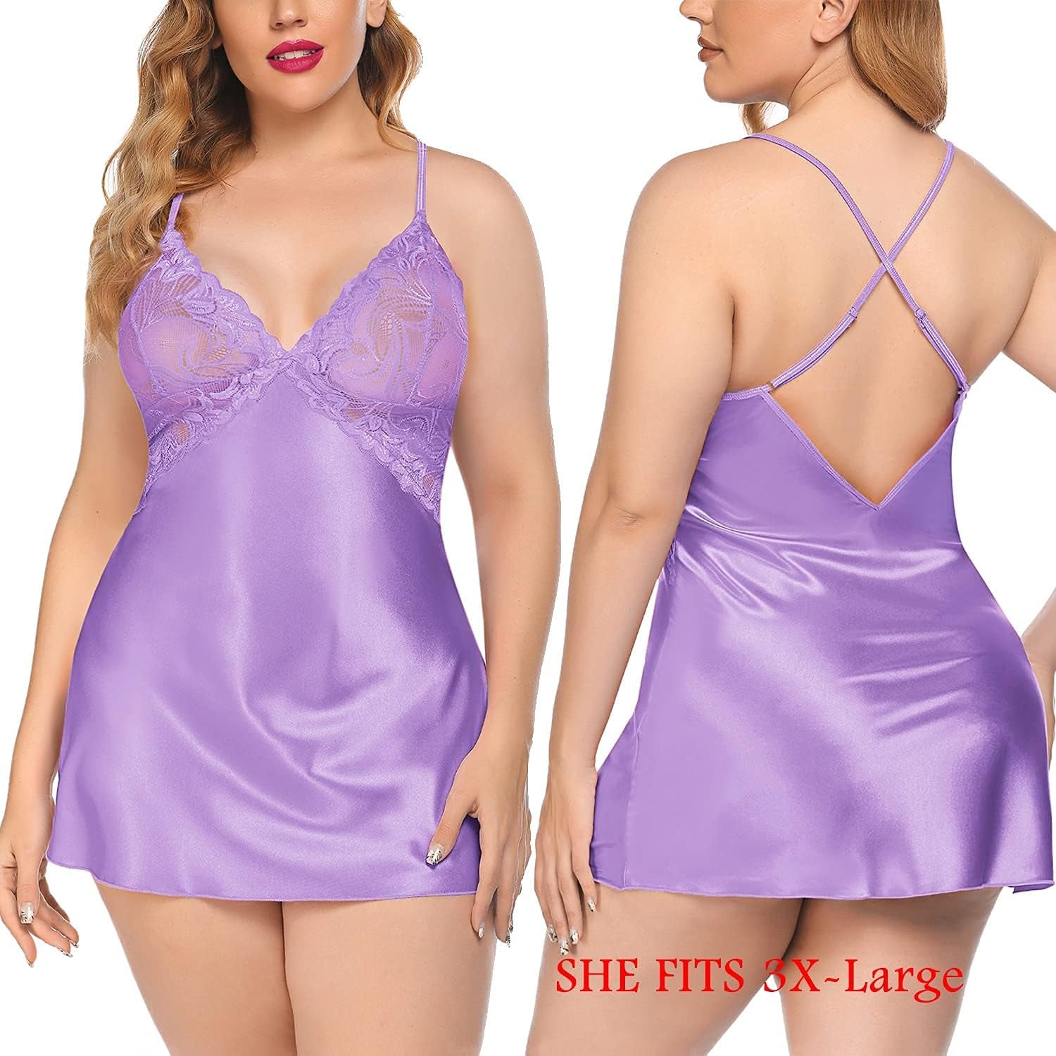 Women Lingerie V Neck Nightwear Satin Sleepwear Lace Chemise Mini Teddy